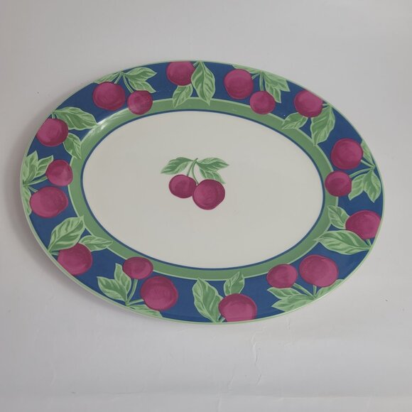 Furio Home Red Cherry Platter 13 Inch White with Cherry Design Around Blue Edge - Picture 1 of 12